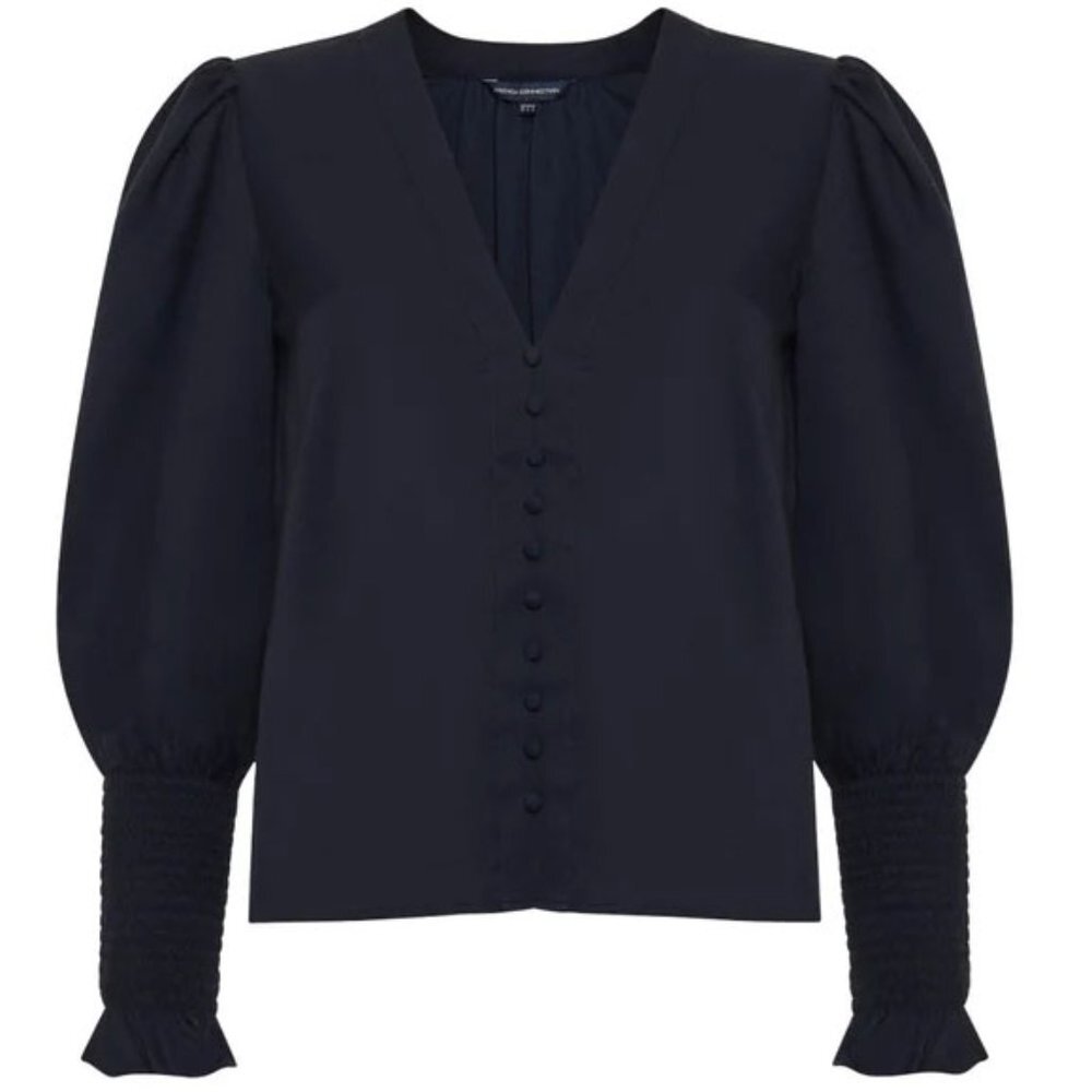 French Connection Crepe V Neck Balloon Sleeve Blouse - Picture 3 of 6